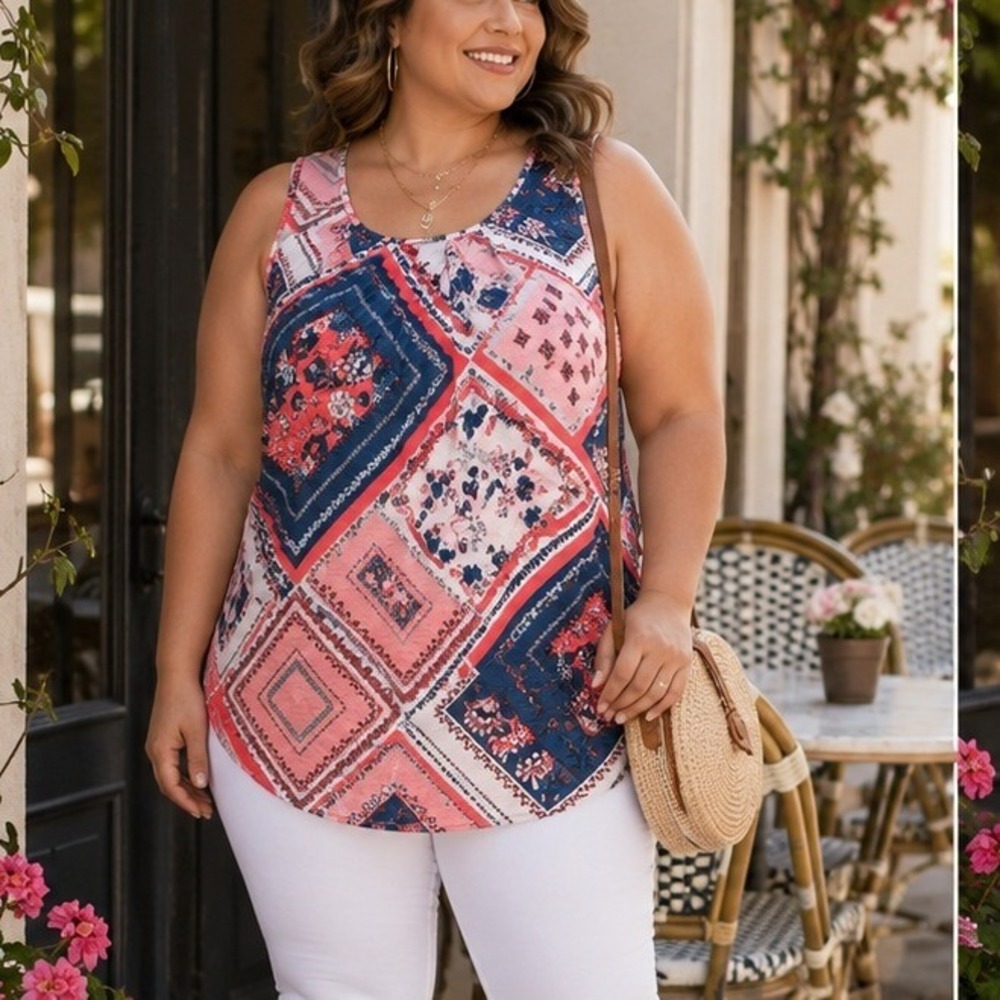 Boho Floral Patchwork Sleeveless Top Coral Navy White Women's 1X Roz & Ali